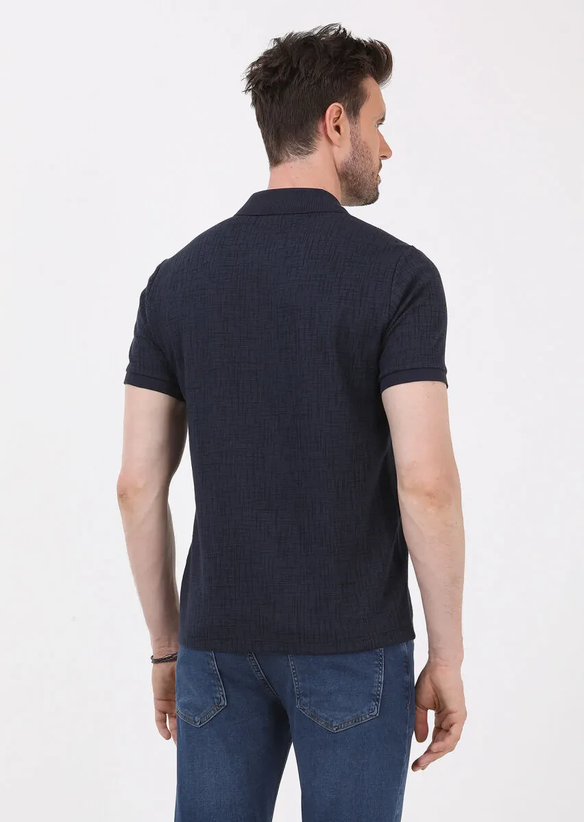 Lacivert Jakarlı Polo Yaka Pamuk Karışımlı T-Shirt - 5