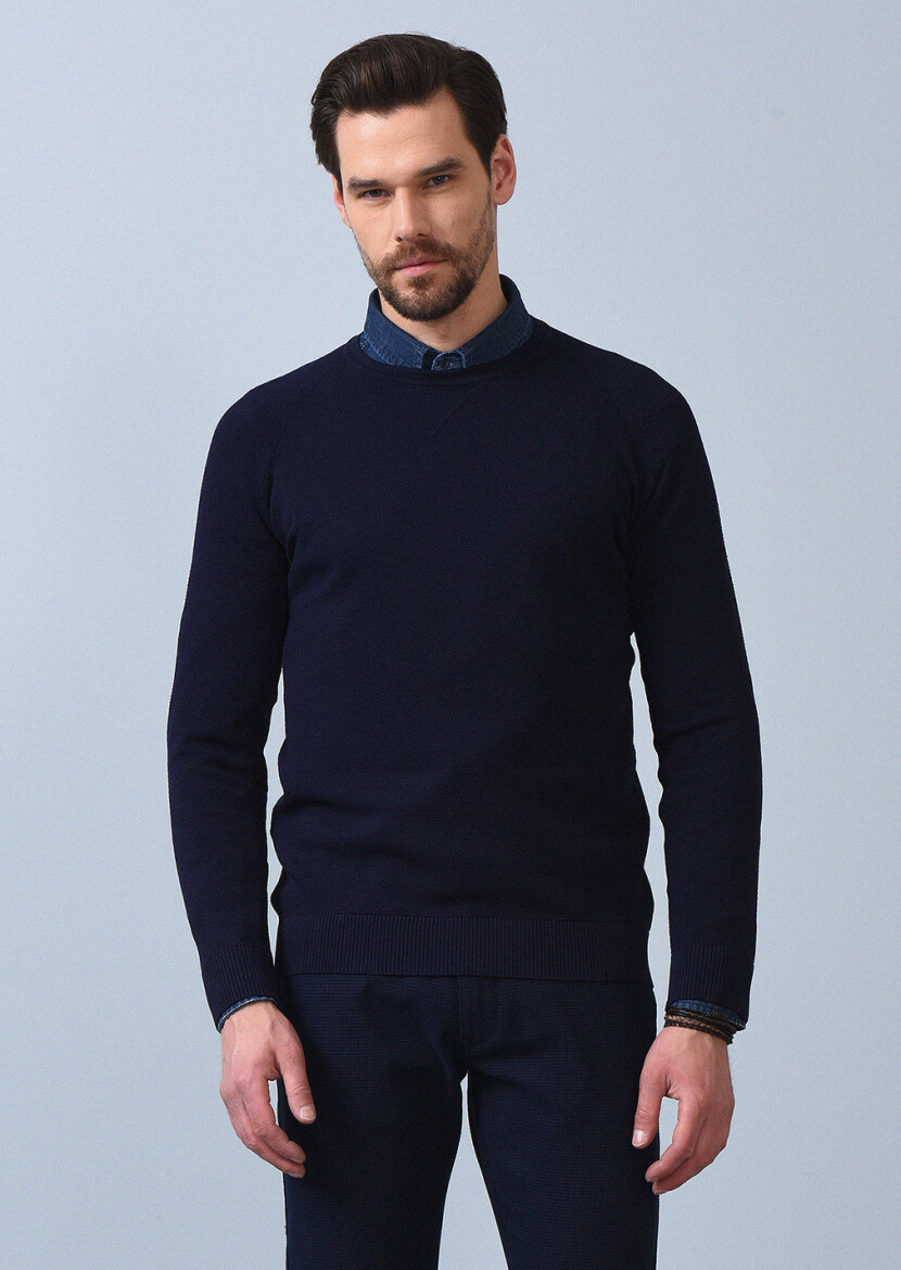 Lacivert Jakarlı Triko Kazak 