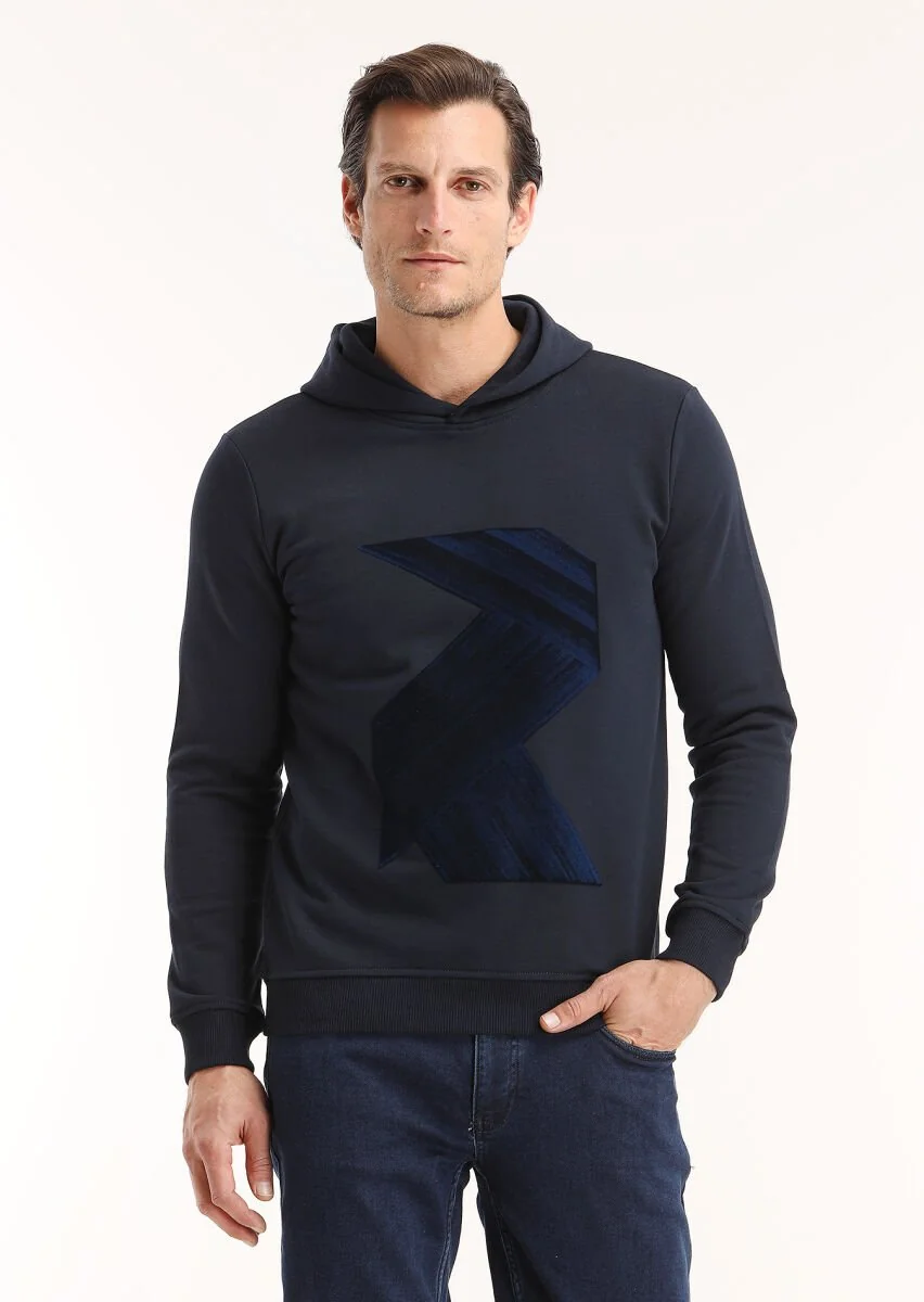 Lacivert Kapüşonlu Baskılı Sweatshırt - 2