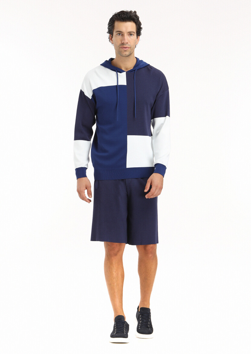 Lacivert Kapüşonlu Düz Örgü Triko Kazak - RAMSEY