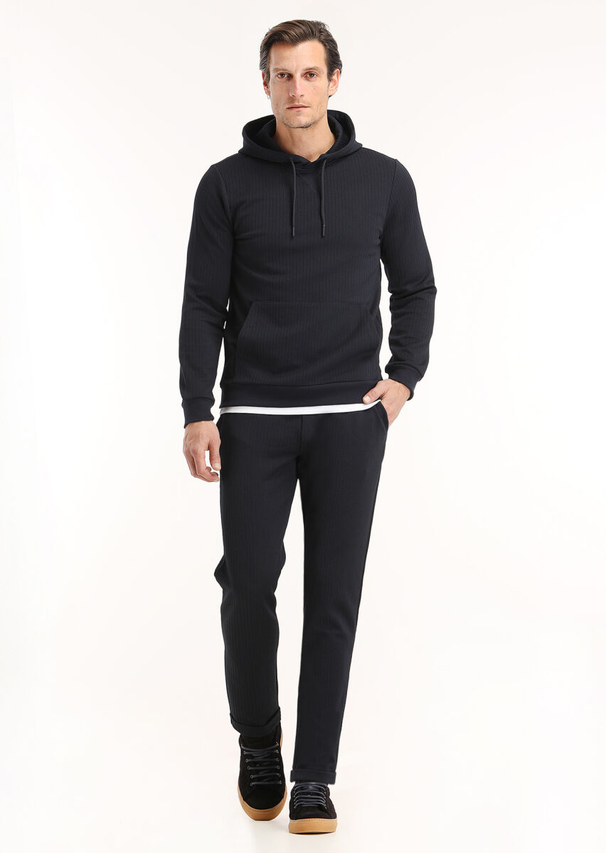 Lacivert Kapüşonlu Jakarlı Sweatshırt - 1
