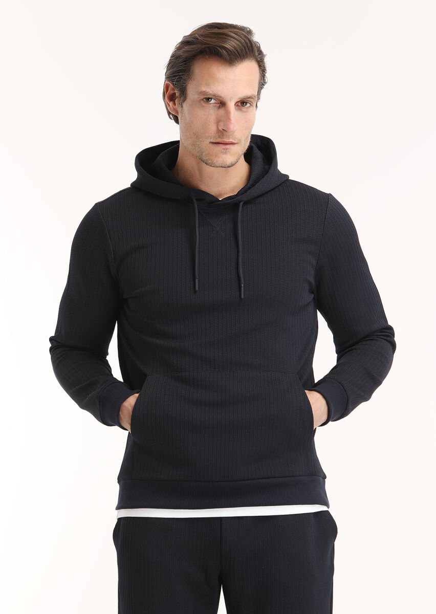 Lacivert Kapüşonlu Jakarlı Sweatshırt - 2
