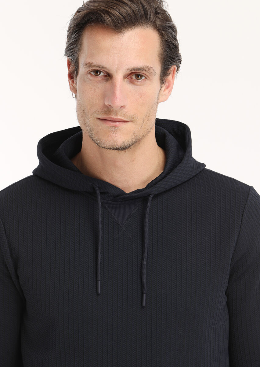 Lacivert Kapüşonlu Jakarlı Sweatshırt - 3