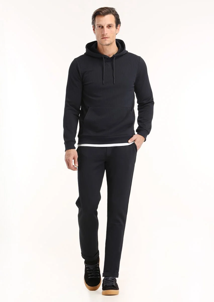 Lacivert Kapüşonlu Jakarlı Sweatshırt - 1