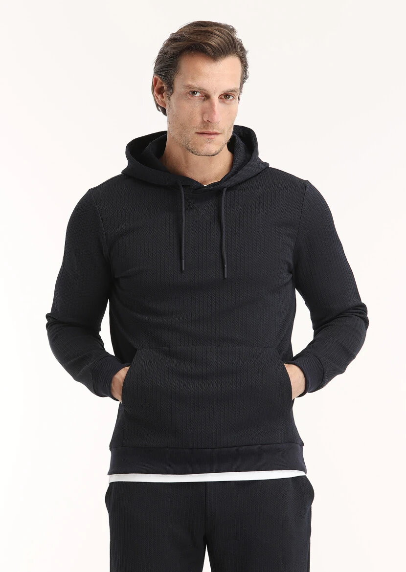 Lacivert Kapüşonlu Jakarlı Sweatshırt - 2