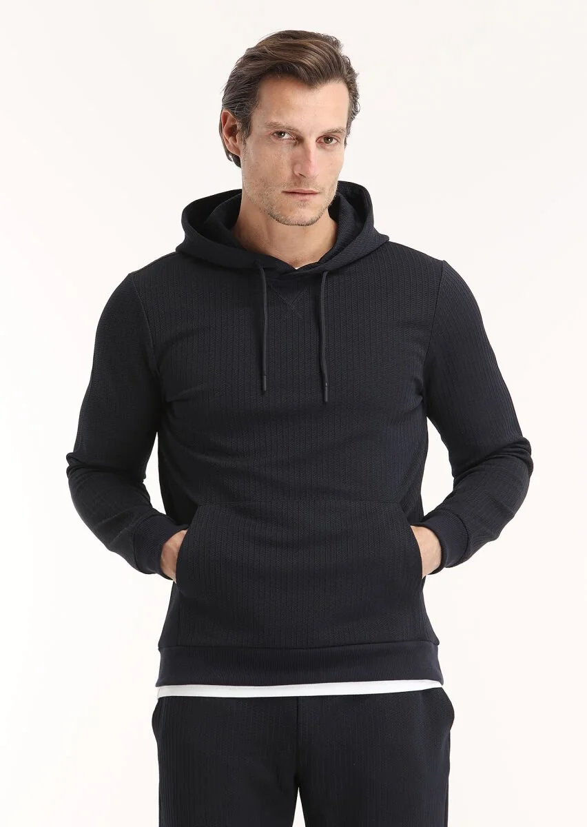 Lacivert Kapüşonlu Jakarlı Sweatshırt - 2