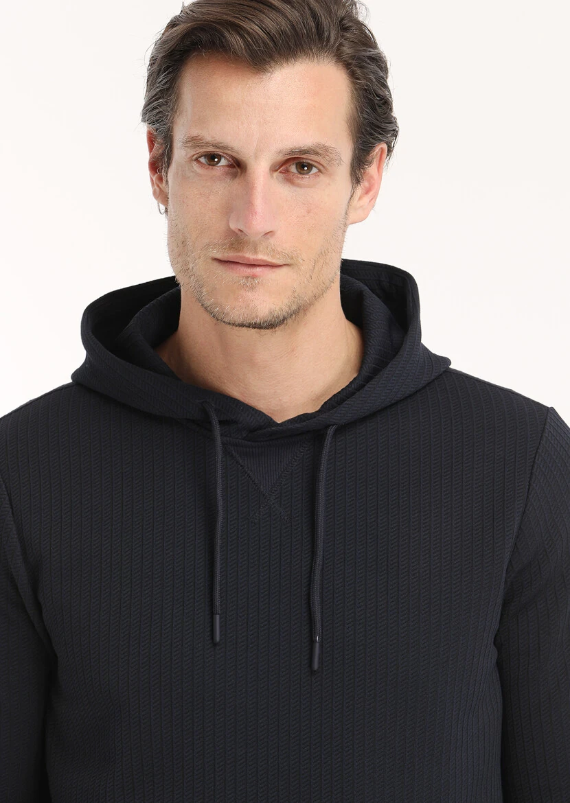 Lacivert Kapüşonlu Jakarlı Sweatshırt - 3
