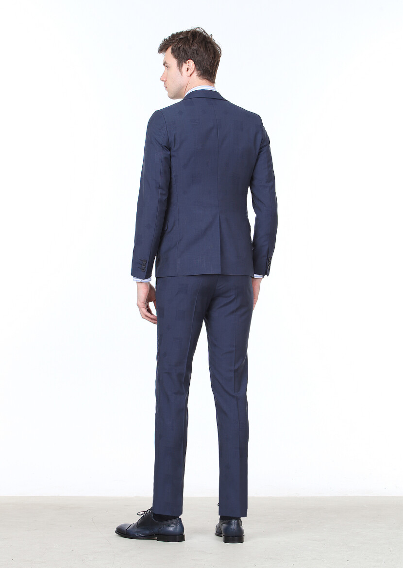 Lacivert Kareli Fashion Slim Fit %100 Yün Takım Elbise - 4