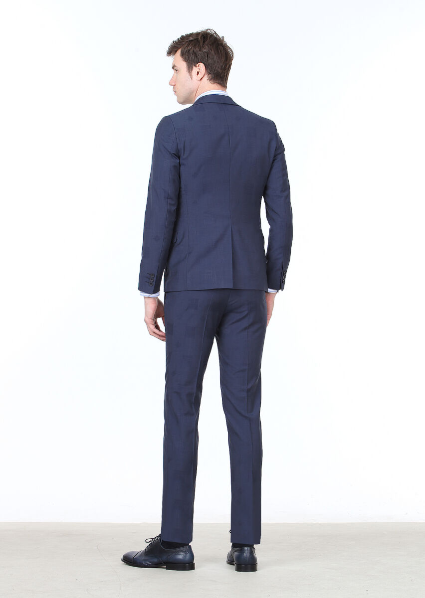 Lacivert Kareli Fashion Slim Fit %100 Yün Takım Elbise - 4