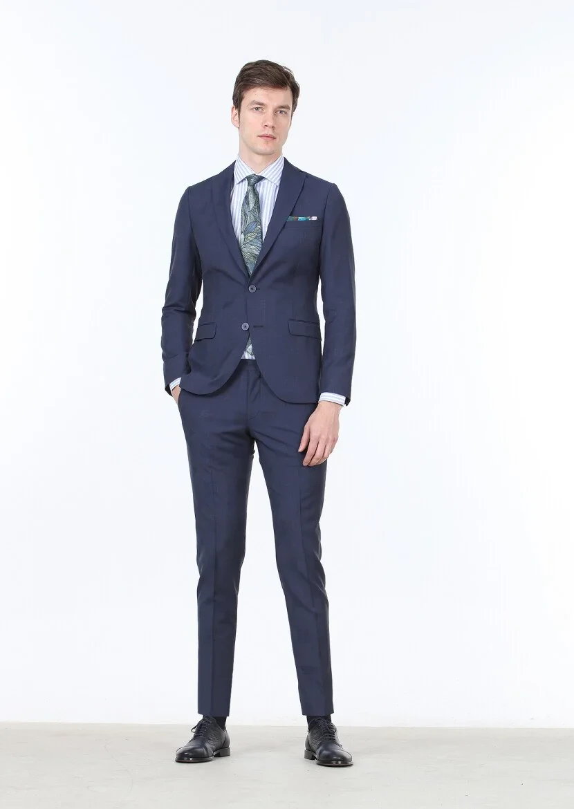 Lacivert Kareli Fashion Slim Fit %100 Yün Takım Elbise - 3