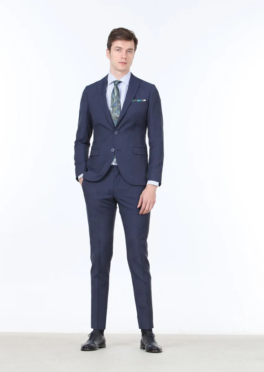 Lacivert Kareli Fashion Slim Fit %100 Yün Takım Elbise - 3