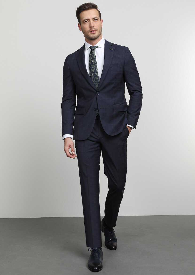 Lacivert Kareli Modern Fit %100 Yün Takım Elbise - 1