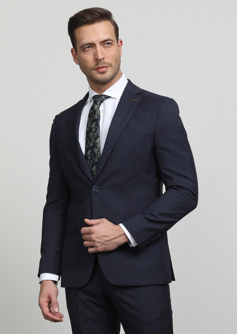 Lacivert Kareli Modern Fit %100 Yün Takım Elbise - 3