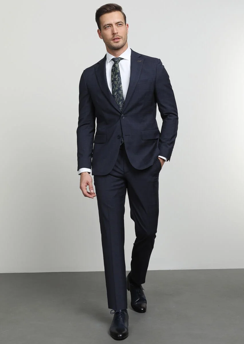 Lacivert Kareli Modern Fit %100 Yün Takım Elbise - 1
