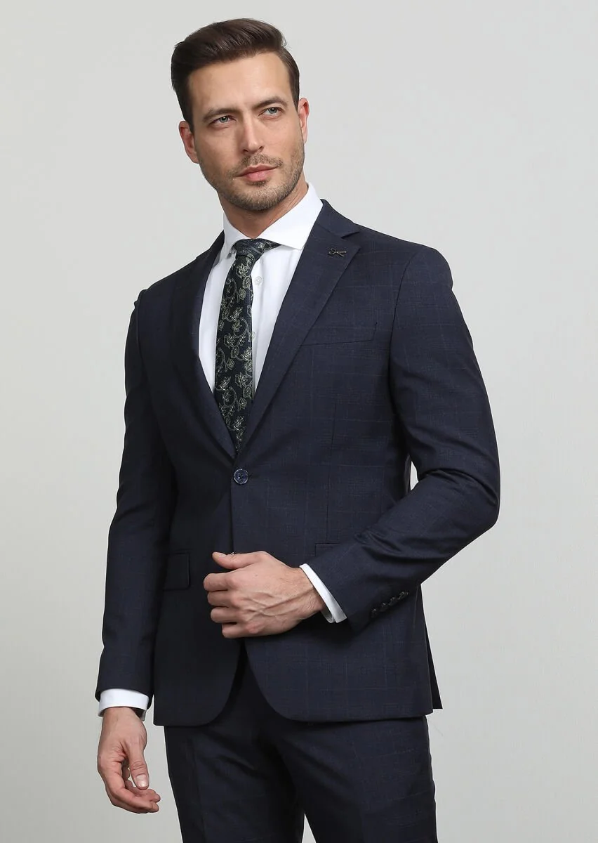 Lacivert Kareli Modern Fit %100 Yün Takım Elbise - 3