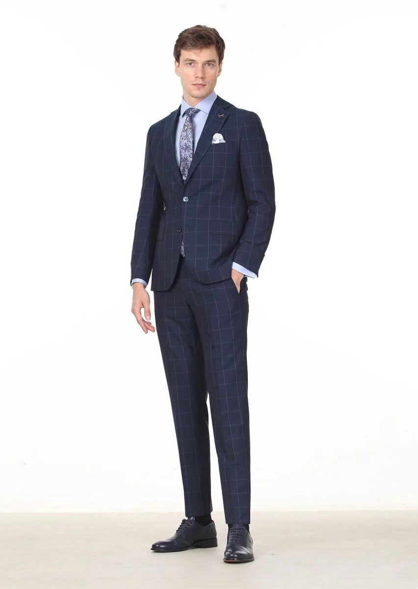 Lacivert Kareli Modern Fit Yün Karışımlı Takım Elbise - 3