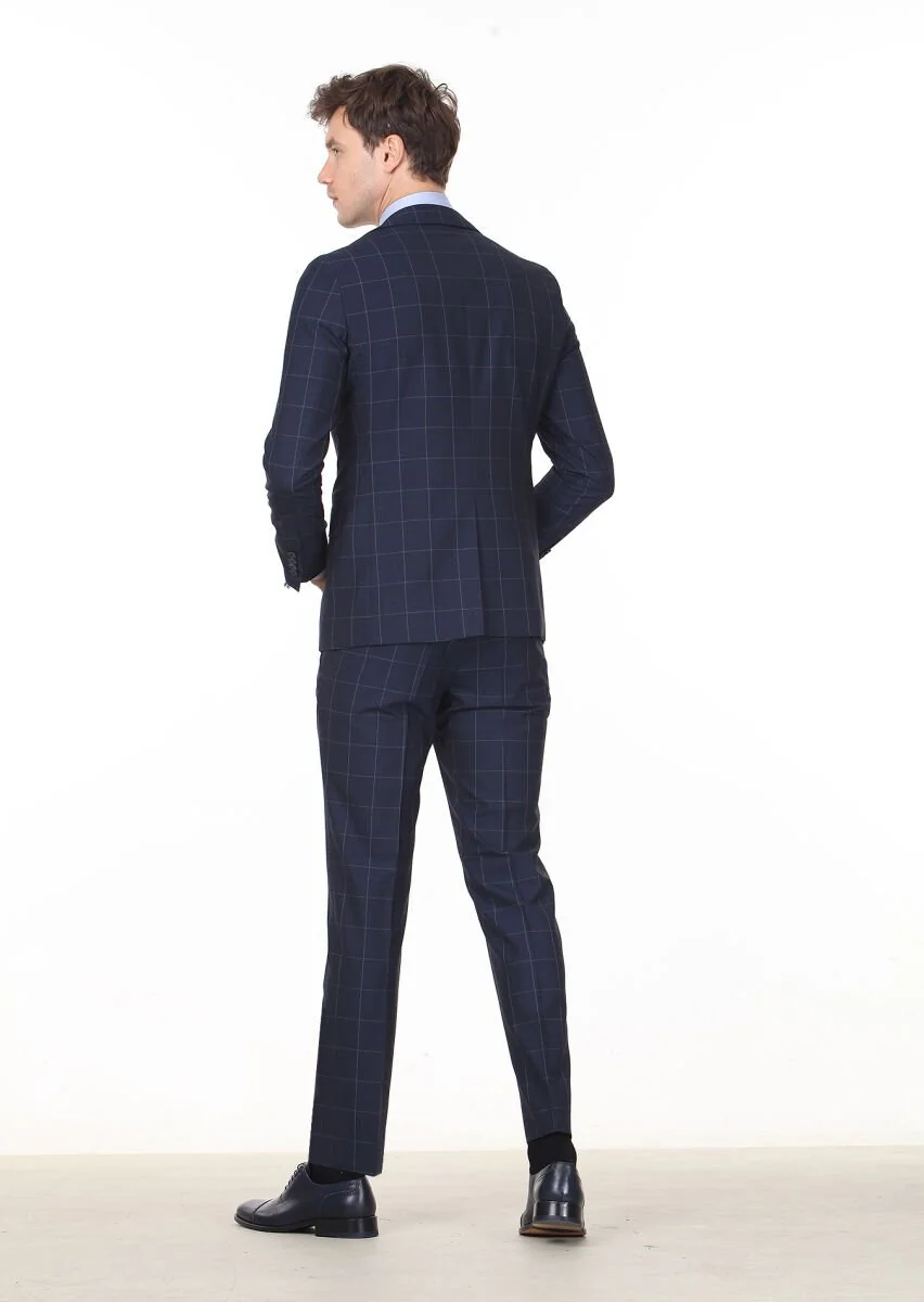 Lacivert Kareli Modern Fit Yün Karışımlı Takım Elbise - 4
