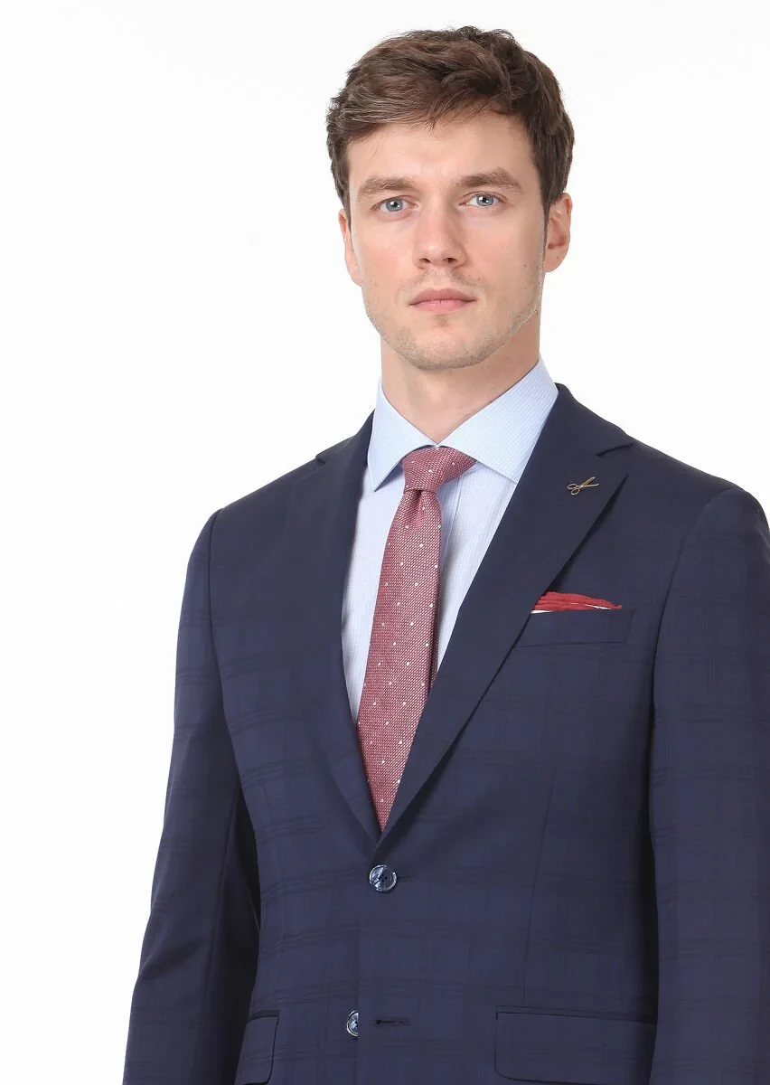 Lacivert Kareli Modern Fit Yün Karışımlı Takım Elbise - 2