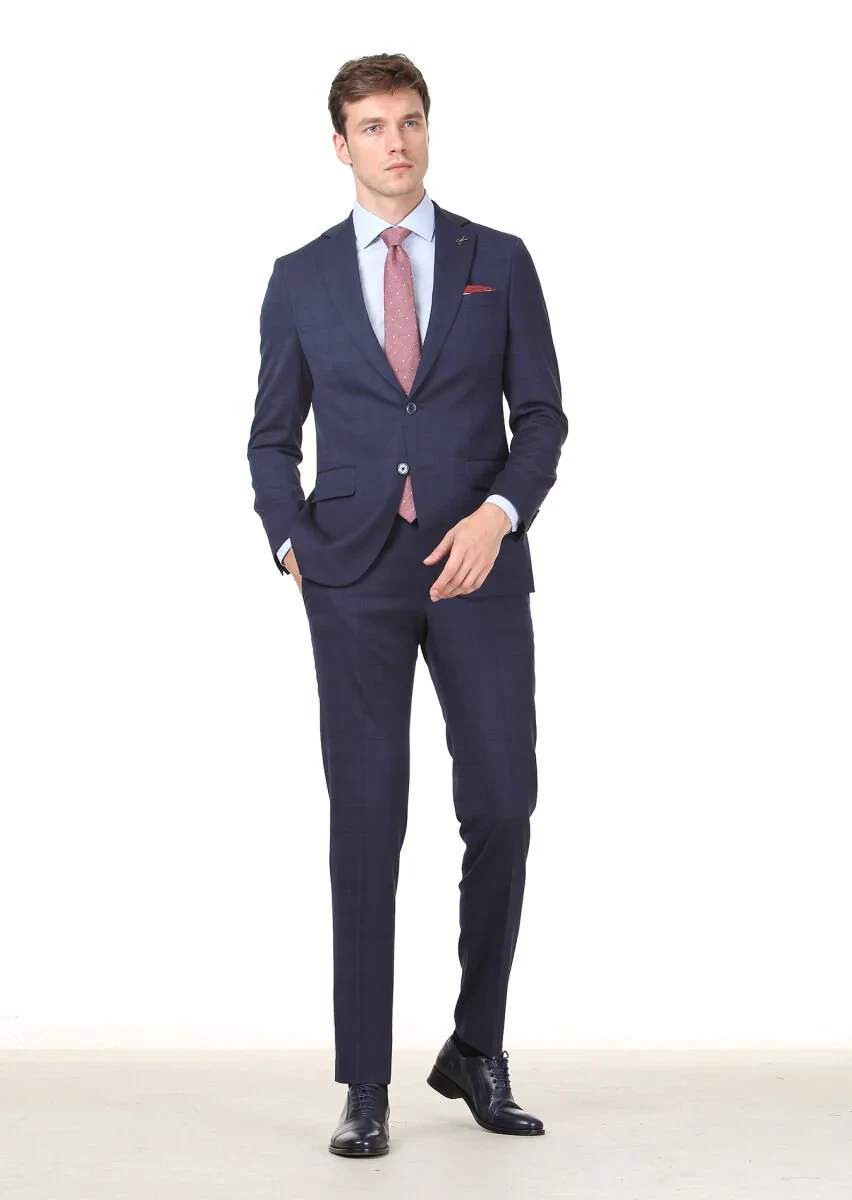 Lacivert Kareli Modern Fit Yün Karışımlı Takım Elbise - 3
