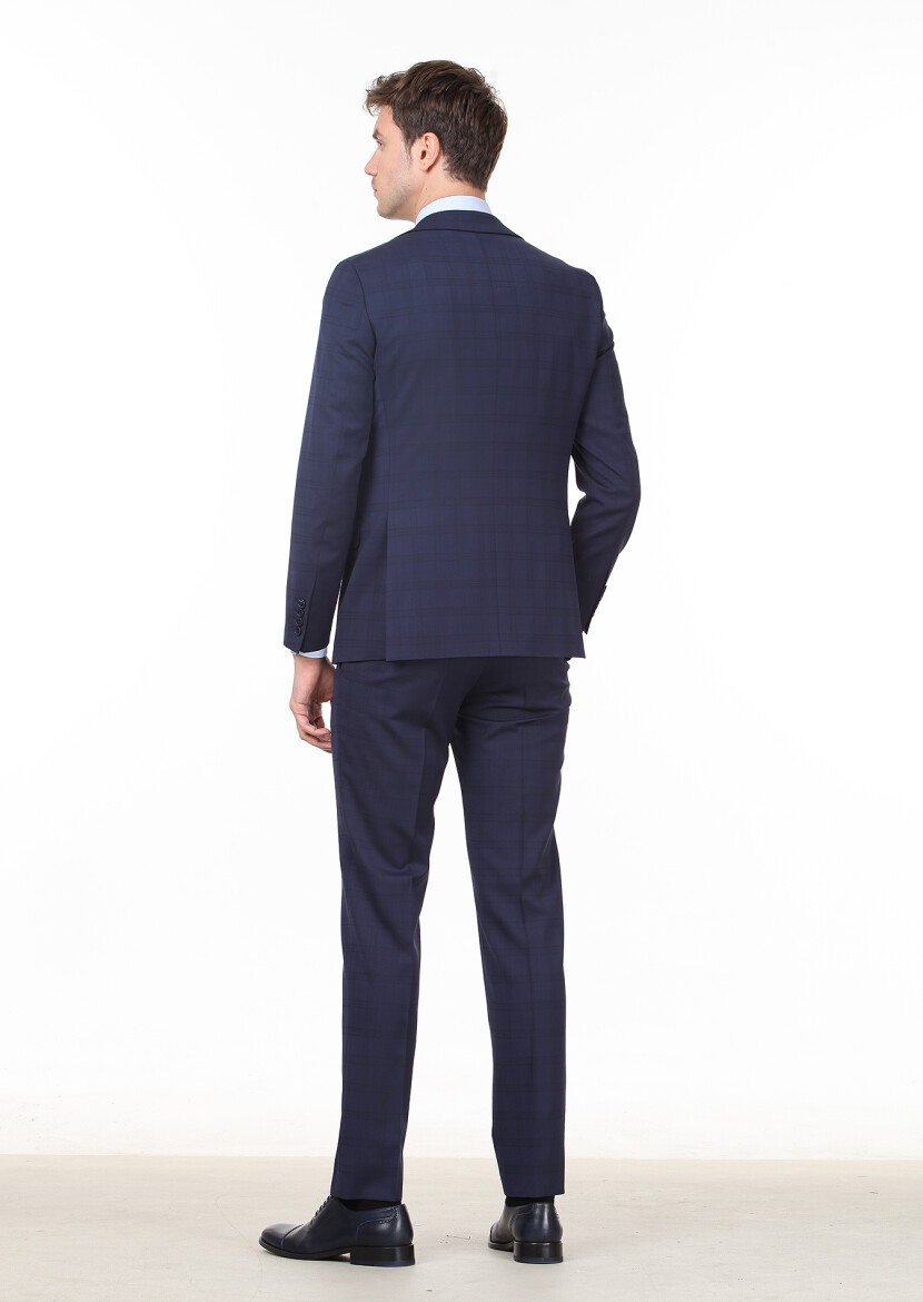 Lacivert Kareli Modern Fit Yün Karışımlı Takım Elbise - 3