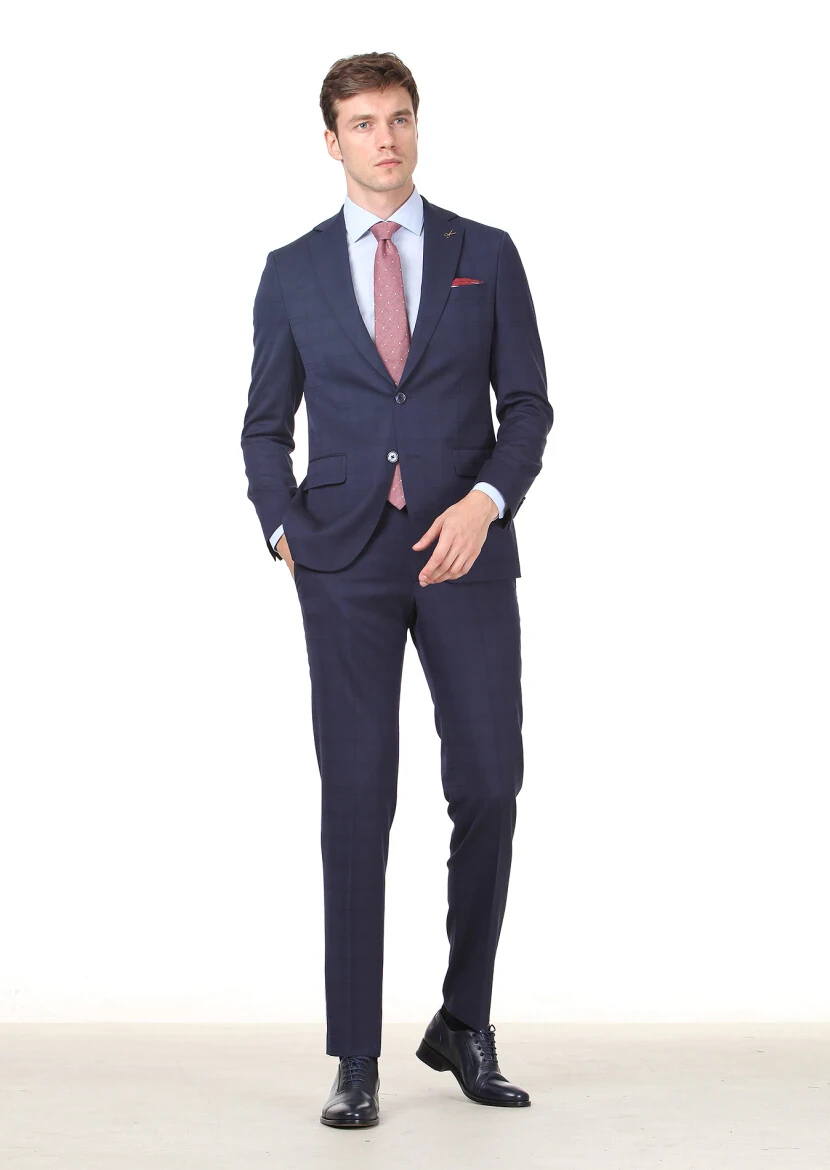 Lacivert Kareli Modern Fit Yün Karışımlı Takım Elbise - 2
