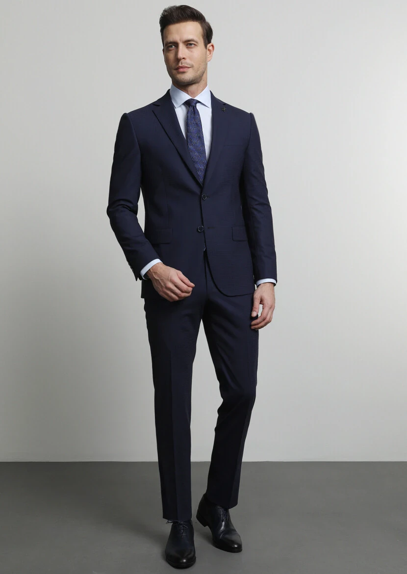 Lacivert Kareli Modern Fit Yün Karışımlı Takım Elbise - 1