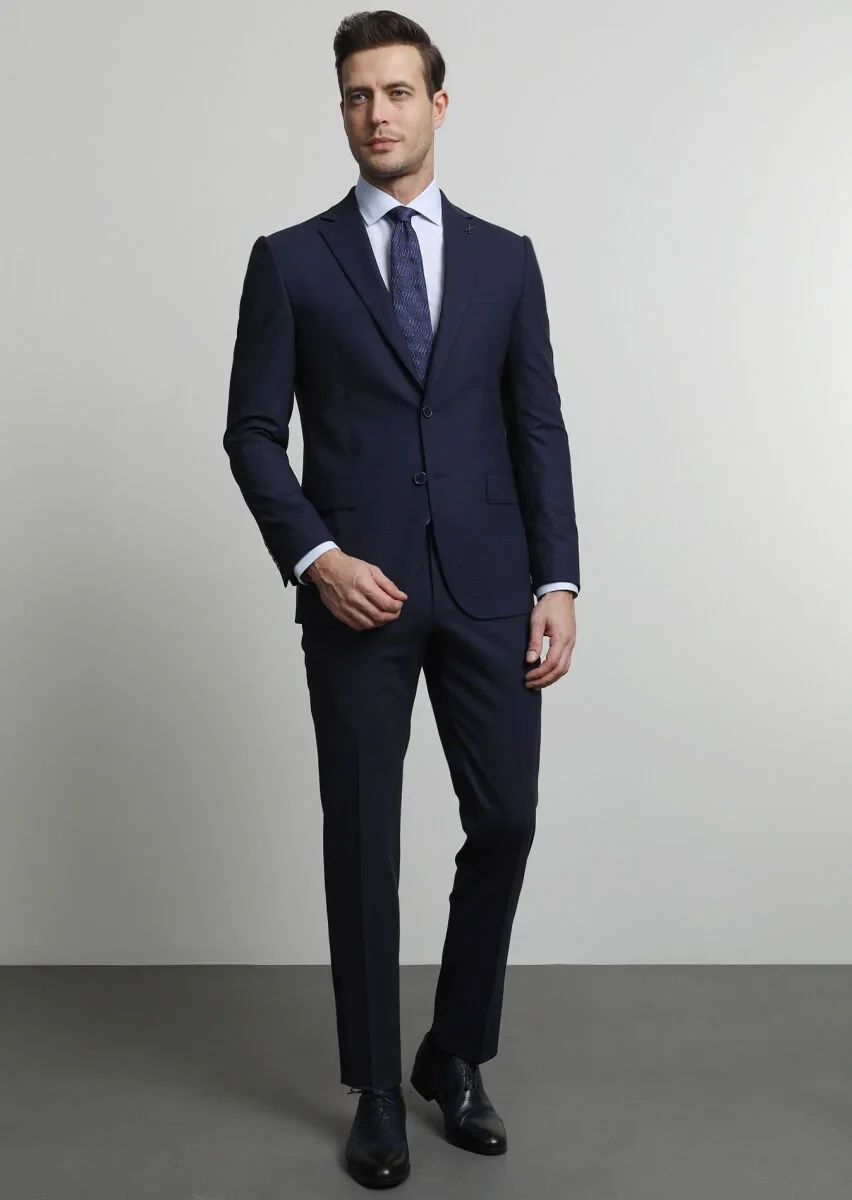 Lacivert Kareli Modern Fit Yün Karışımlı Takım Elbise - 1