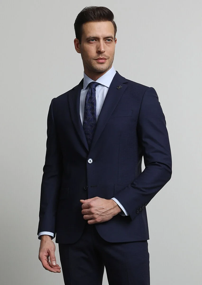 Lacivert Kareli Modern Fit Yün Karışımlı Takım Elbise - 2