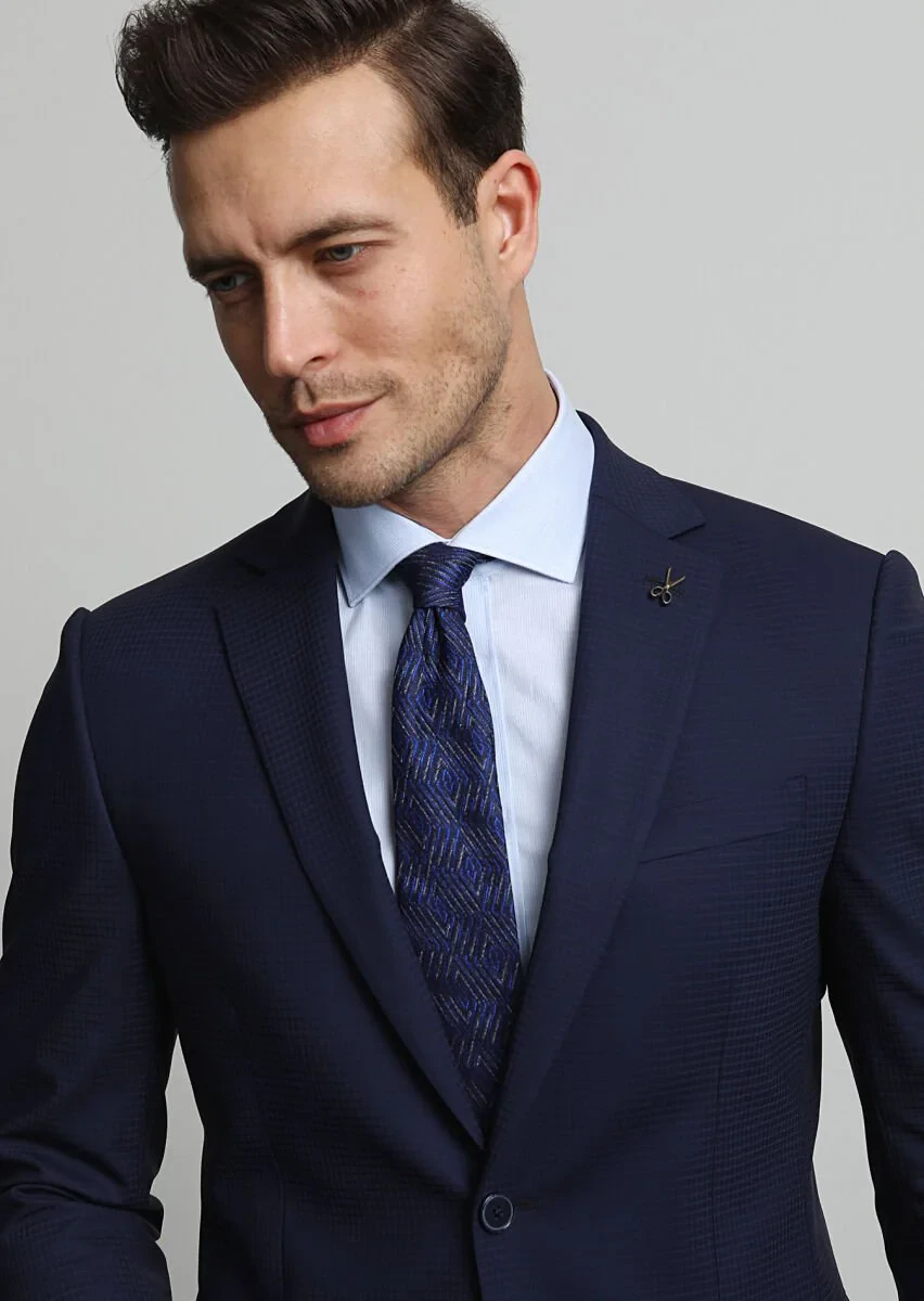 Lacivert Kareli Modern Fit Yün Karışımlı Takım Elbise - 3