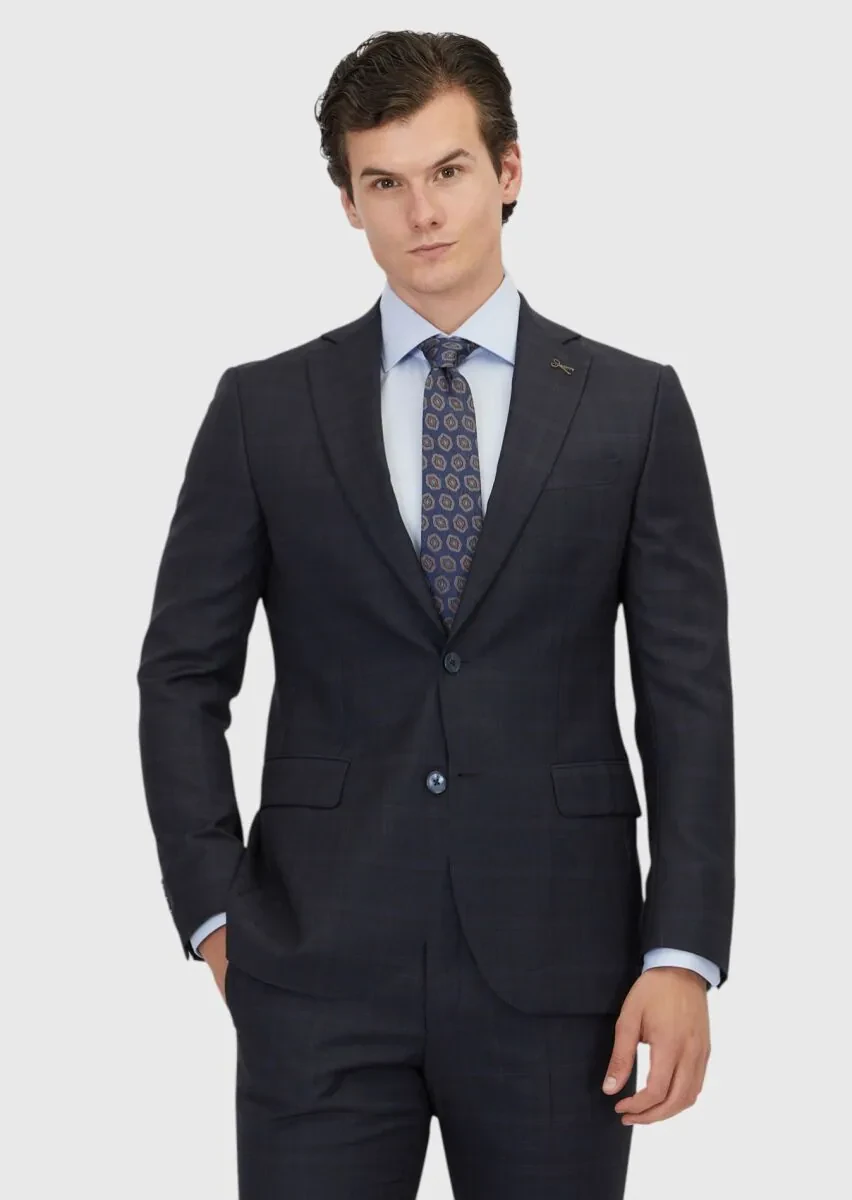 Lacivert Kareli Modern Fit Yün Karışımlı Takım Elbise - 1