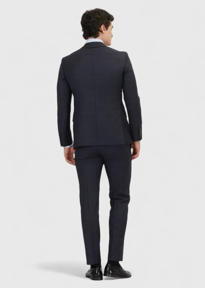 Lacivert Kareli Modern Fit Yün Karışımlı Takım Elbise - 5