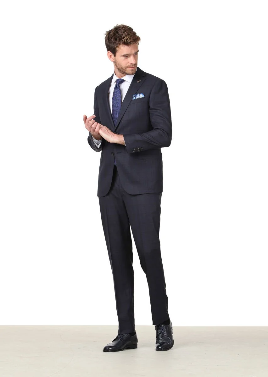 Lacivert Kareli Regular Fit %100 Yün Takım Elbise - 1