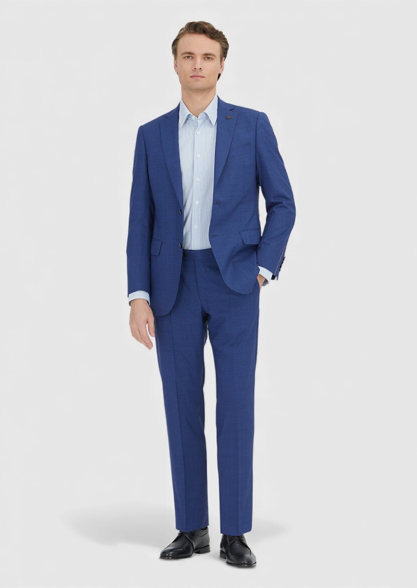 Lacivert Kareli Regular Fit %100 Yün Takım Elbise - 1