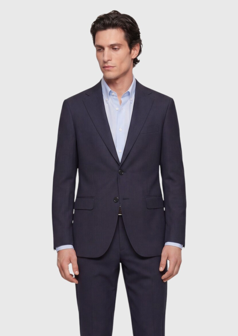 Lacivert Kareli Regular Fit %100 Yün Takım Elbise - 3