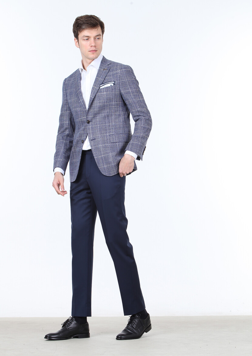 Lacivert Kareli Regular Fit İpek Karışımlı Ceket 