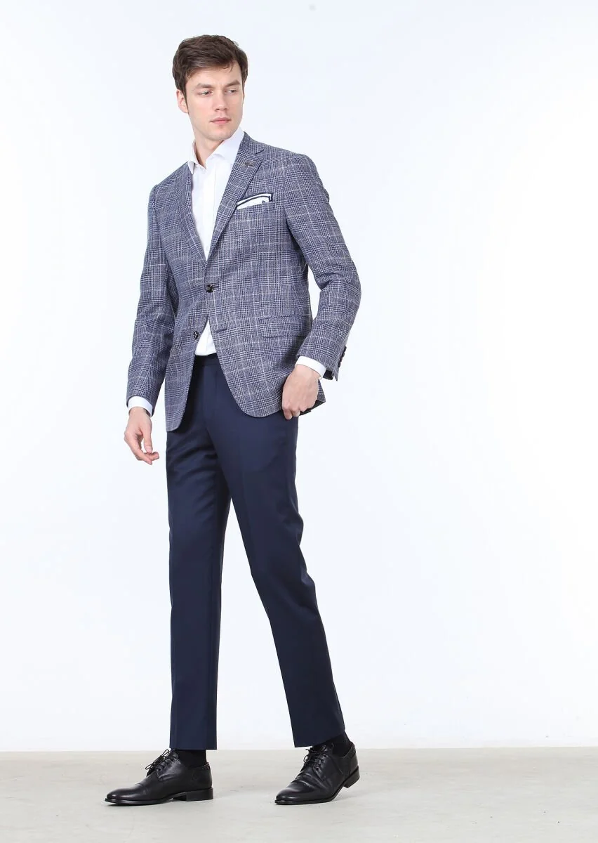 Lacivert Kareli Regular Fit İpek Karışımlı Ceket - 2