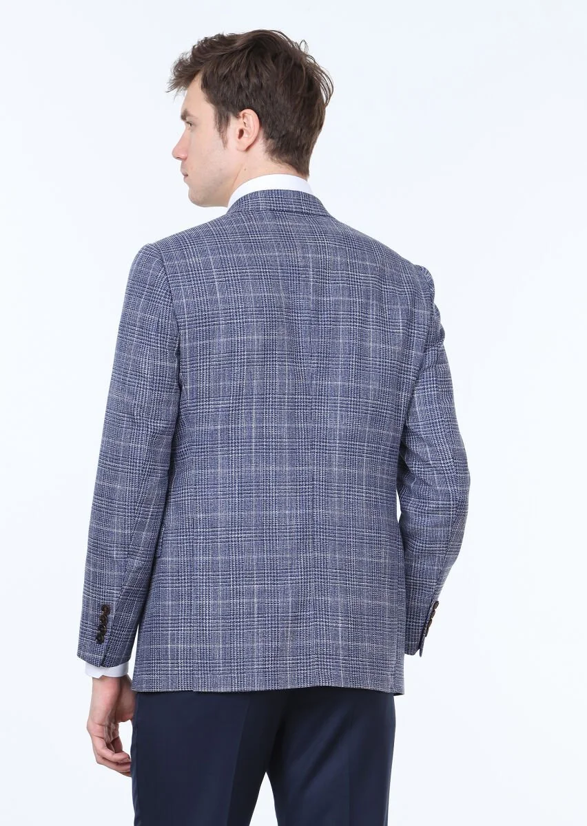 Lacivert Kareli Regular Fit İpek Karışımlı Ceket - 4