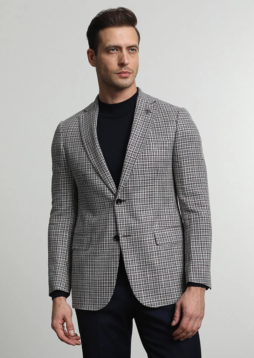 Lacivert Kareli Regular Fit İpek Karışımlı Ceket - 1
