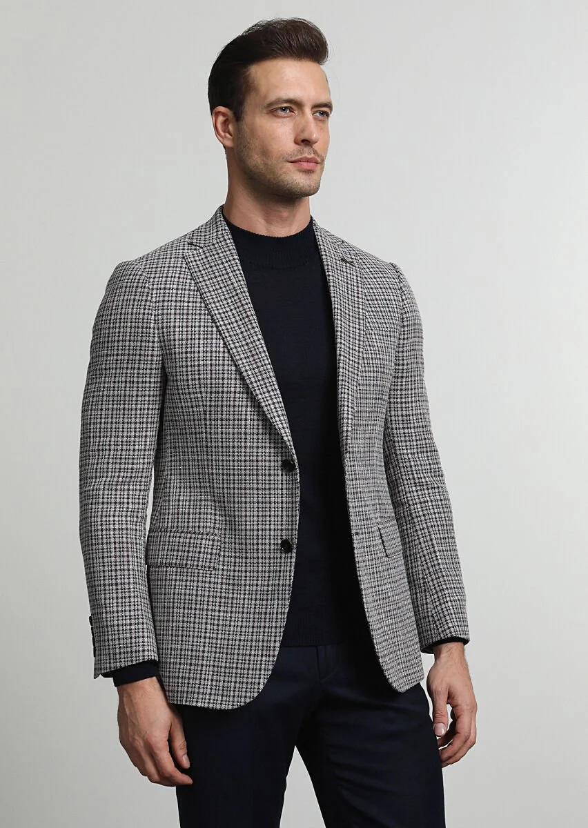Lacivert Kareli Regular Fit İpek Karışımlı Ceket - 2