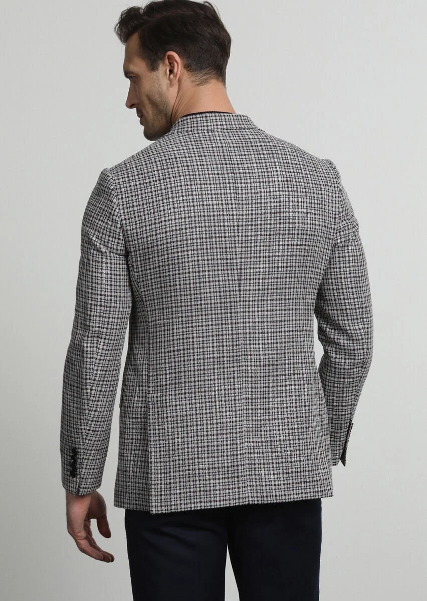 Lacivert Kareli Regular Fit İpek Karışımlı Ceket - 4