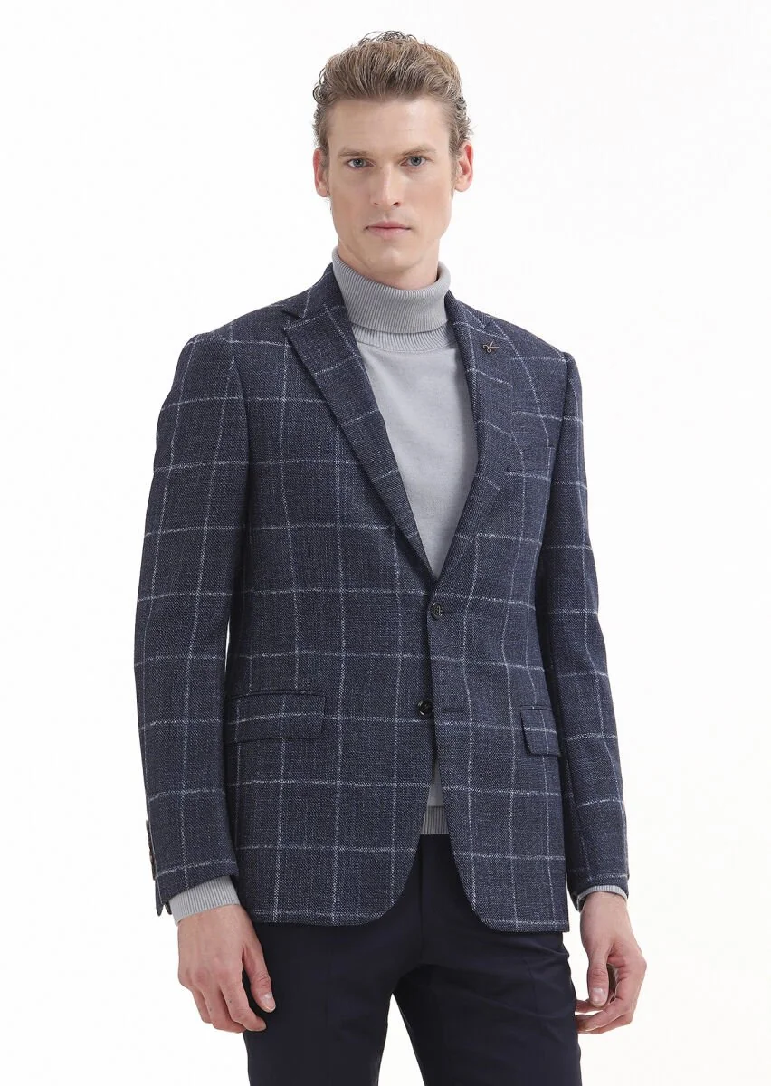 Lacivert Kareli Regular Fit İpek Karışımlı Ceket - 1