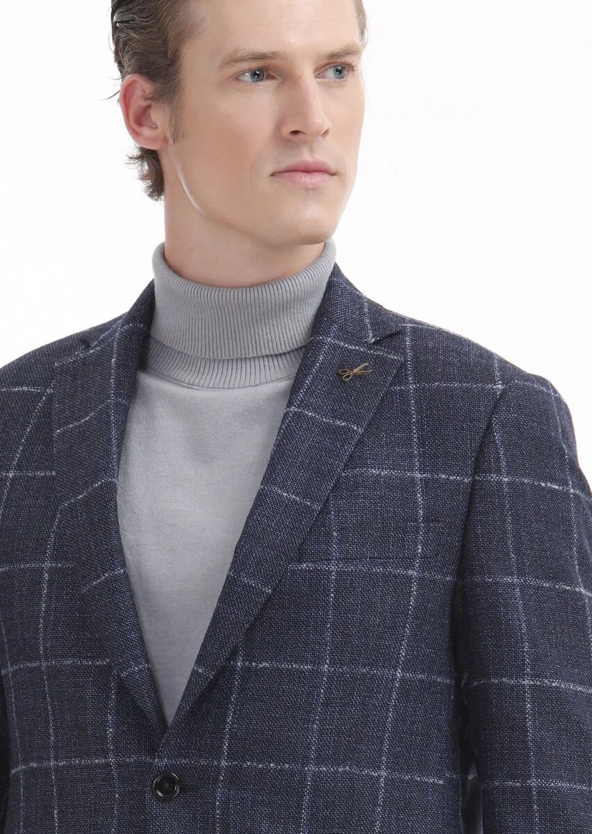 Lacivert Kareli Regular Fit İpek Karışımlı Ceket - 3