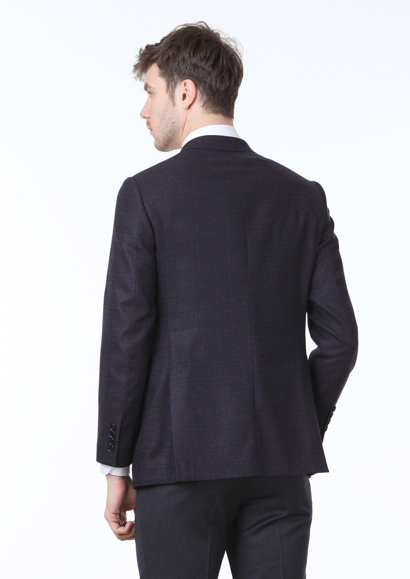 Lacivert Kareli Regular Fit Yün Karışımlı Ceket - 4
