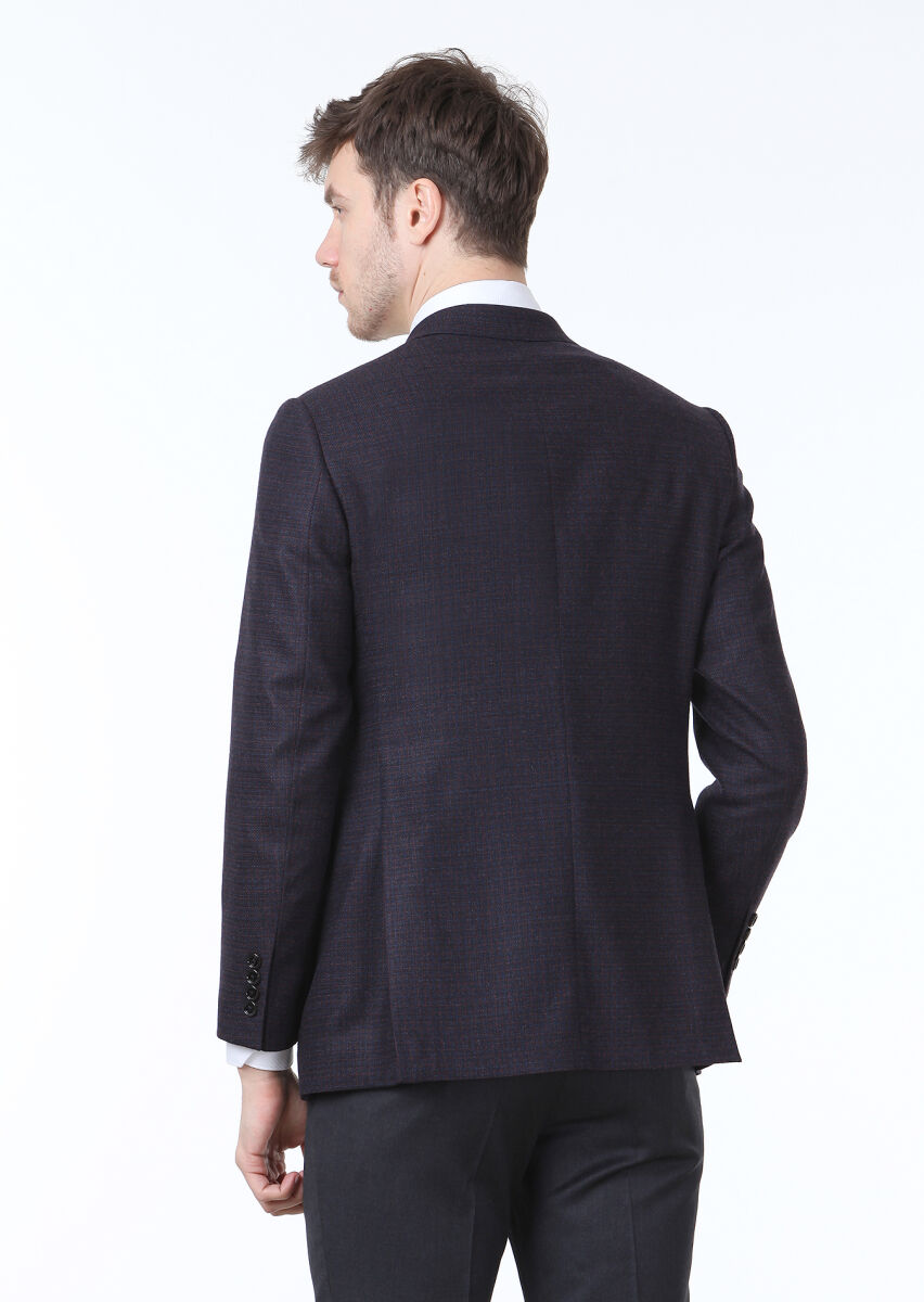 Lacivert Kareli Regular Fit Yün Karışımlı Ceket - 4