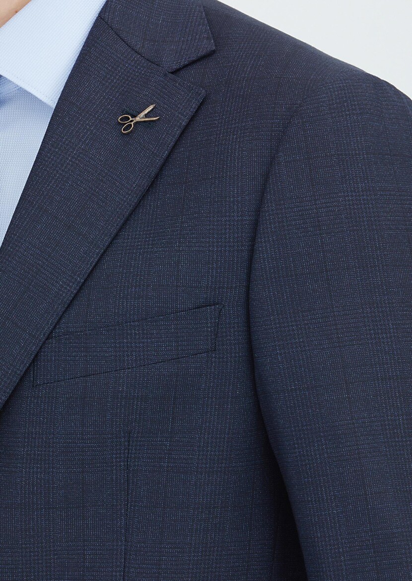 Lacivert Kareli Regular Fit Yün Karışımlı Takım Elbise - 3