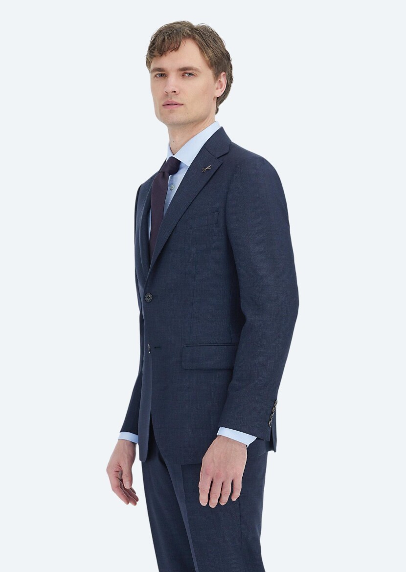 Lacivert Kareli Regular Fit Yün Karışımlı Takım Elbise 