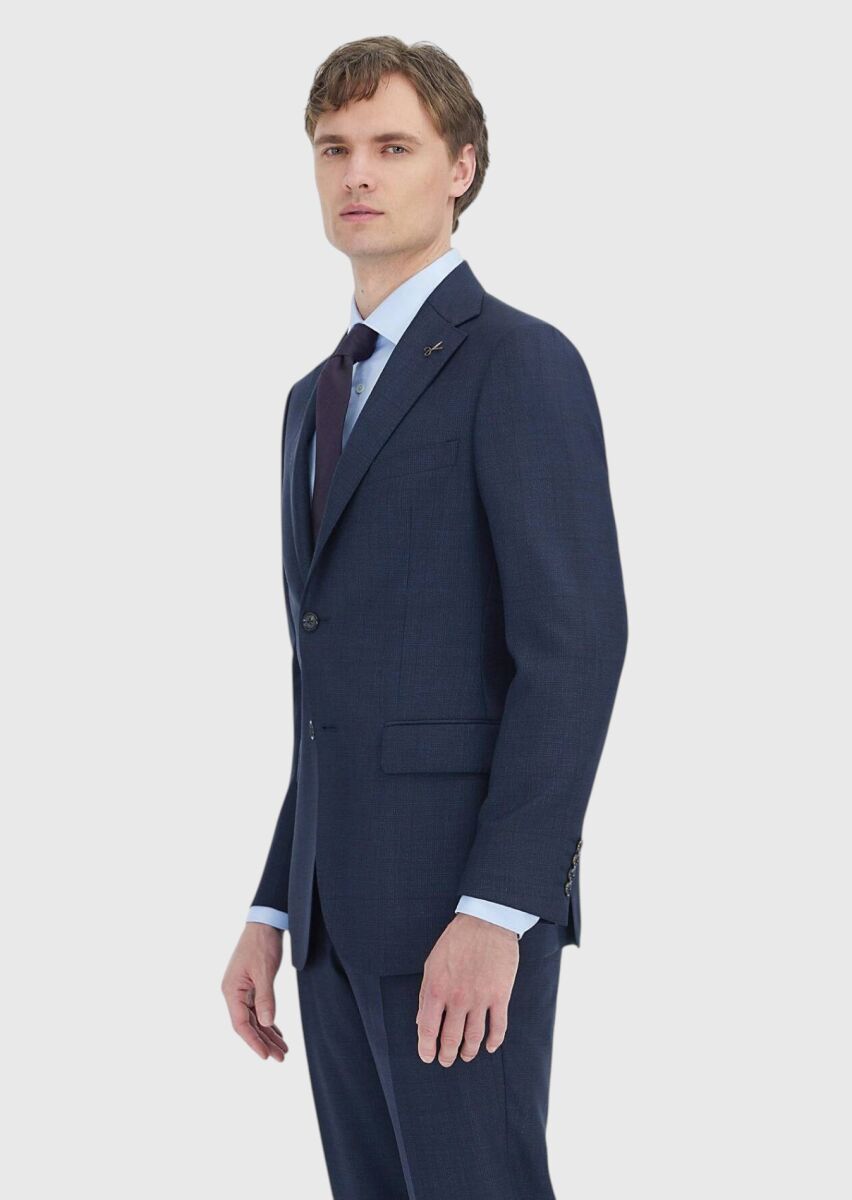 Lacivert Kareli Regular Fit Yün Karışımlı Takım Elbise - 2