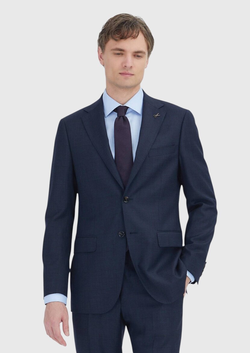 Lacivert Kareli Regular Fit Yün Karışımlı Takım Elbise - 4