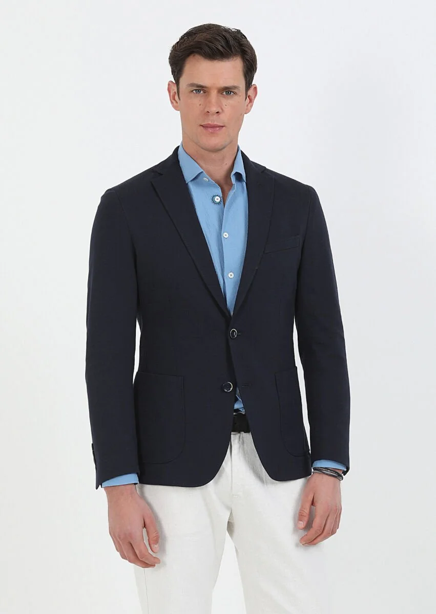 Lacivert Kareli Shirt Shoulder Slim Fit Pamuk Karışımlı Örme Ceket - 1