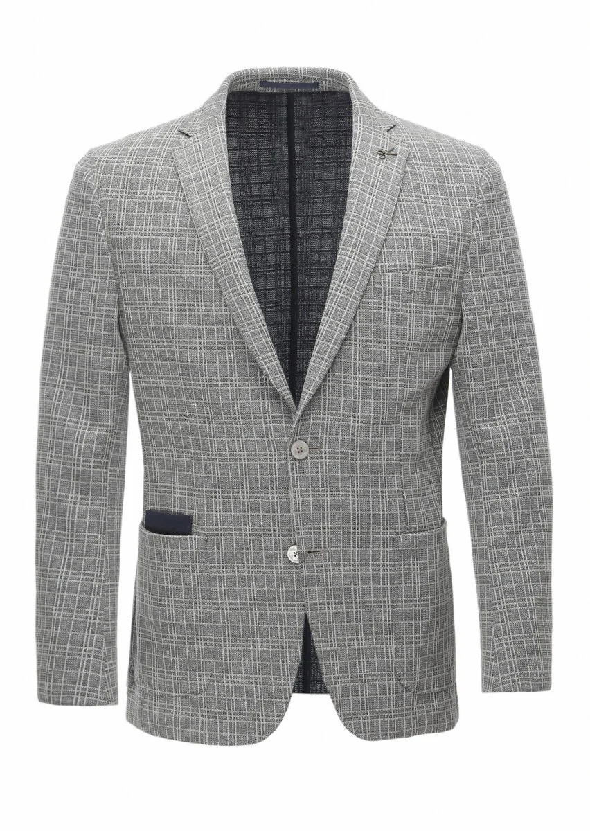 Lacivert Kareli Shirt Shoulder Slim Fit Pamuk Karışımlı Örme Ceket - 8